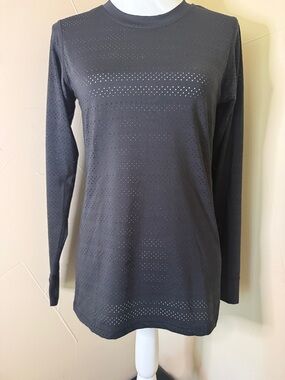 Black Perforated Long-Sleeve Crew Top